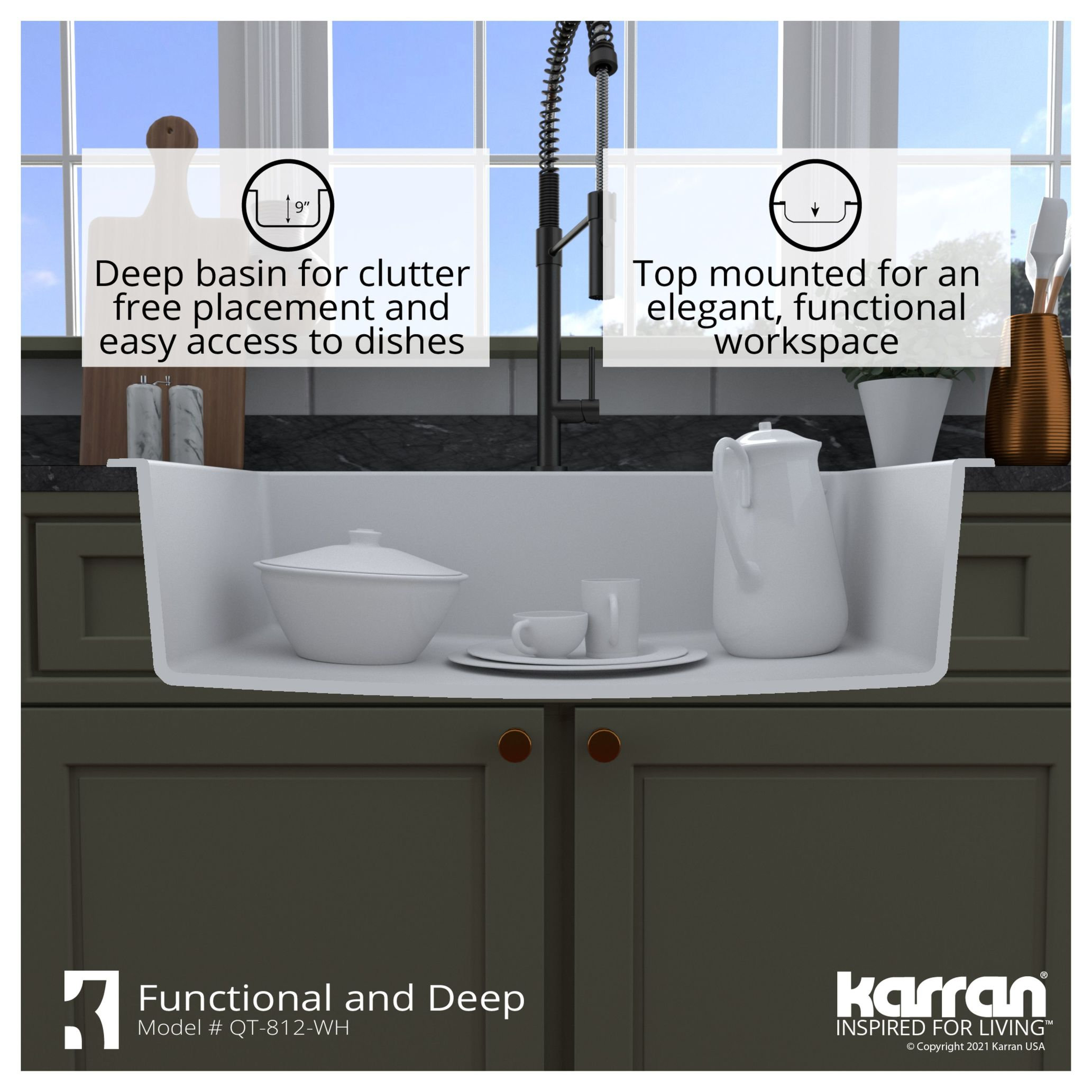 Karran QT-812 Top Mount 33" Large Single Bowl Quartz Sink Kit, Black