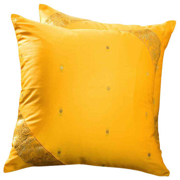 Yellow- 2 Decorative handcrafted Sari Cushion Cover, Throw Pillow Case 16" X 16"