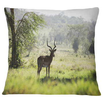 Solitary Antelope in Green Park African Landscape Printed Throw Pillow, 16"x16"