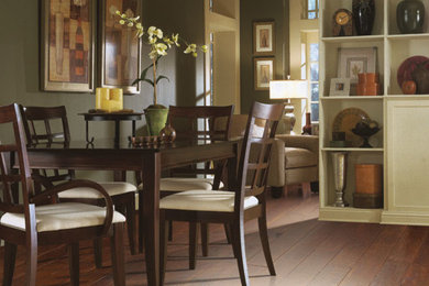 Mid-sized mountain style medium tone wood floor and brown floor enclosed dining room photo in Denver with green walls and no fireplace