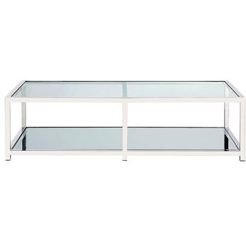 Modern Coffee Table, Large Glass Top & Mirrored Shelf, Stainless Steel Finish