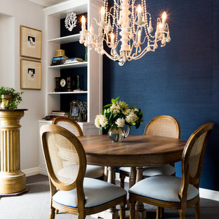 ブリスベンの小さいトランジショナルスタイルのLDKの画像 (青い壁、カーペット敷き、グレーの床)