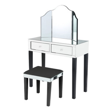 Posh Living Caleb Mirrored Black Vanity Set - 3 Piece Set - Stool and Mirror