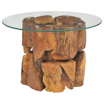 vidaXL Coffee Table Round End Table with Glass Tabletop Solid Teak Driftwood