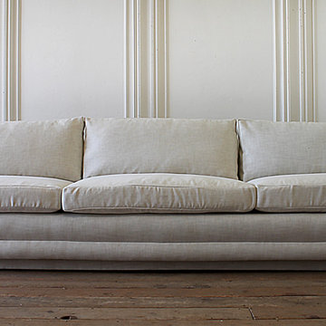 Mid-Century Modern Sofa Reupholstered in Natural Linen Blend Herringbone