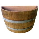 Master Garden Products - Lacquer finished Oak wood Quarter Wine Barrel Planter, 26"W x 13"D x 18"H - Quarter wine barrel planters are designed to be placed against any kind of wall or structures allowing you to accentuate your garden. We use authentic oak wood wine barrels with quality and value in mind for your gardening needs. Unlike whisky barrels, classic wine barrels are much better built, and wrapped with three galvanized steel bands to prevent rust which are seen frequently in whisky barrels. Unlike most retailers, we drilled drainage holes on the bottoms of your barrel planters, drainage holes are needed, so excess water may drain out of the containers without drowning and killing the plants. Of course you may also use these barrel planters for other purposes without the need of drain holes at the bottoms. All oak wood barrel front and bottom, cedar wood at the back. Lacquer finished.  Made of reclaimed oak staves from reclaimed wine barrels; color tone may vary from one product to another
