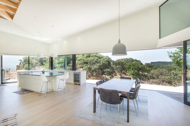 Example of a large trendy galley light wood floor and beige floor eat-in kitchen design in San Francisco with a single-bowl sink, flat-panel cabinets, white cabinets, concrete countertops, stainless steel appliances, two islands and black countertops