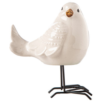 Ceramic Standing Bird Figurine with Metal Legs Design Gloss White Finish
