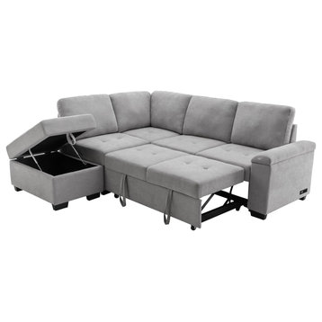Large Sleeper Sofa, Tufted Seat With Pull Out Bed & Reversible Chaise, Gray