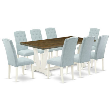 East West Furniture V-Style 9-piece Wood Dining Set in Linen White/Blue