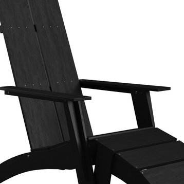 Sawyer Modern All-Weather Poly Resin Wood Adirondack Chair With Foot Rest, Black