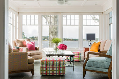 Photo of a transitional sunroom in Boston with no fireplace, a standard ceiling and green floor.