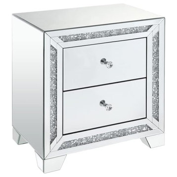 Contemporary Nightstand, Mirrored Design With Faux Diamond Inlay & 2 Drawers