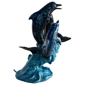 Pod of Dolphins Playfully On A Wave Resin Statue, Fountain 15" x 14" x 20"H