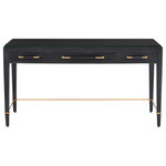 Currey & Company - Verona Black Large Desk - The Verona Black Large Desk is made of mahogany that has been covered in a black lacquered linen. It has a touch of gold on the champagne-finished metal detailing. This is one of our pieces that proves the brilliance of our design team, as the stretchers that clasp each leg are beautifully rendered to create a continuous design detail from leg to leg. Other features are adjustable glides and solid mahogany dovetail drawers. There are a number of pieces in several finishes in the Verona family of furnishings.