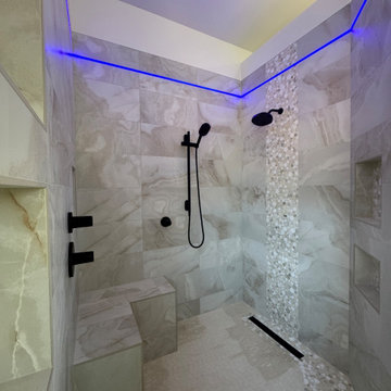 Curd-less walk-in shower; heated floors in bathroom + shower+bench LED