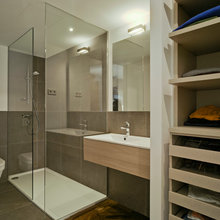 Gray And Wood Bathrooms