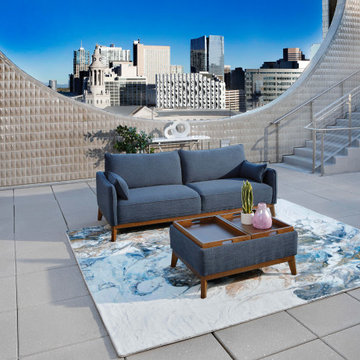 Rhodes Midcentury Sofa – Navy Performance Fabric with Skyline Views