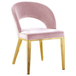 Meridian Furniture - Roberto Velvet Upholstered Dining Chair, Pink, Gold - Seat dinner guests in elegant style with the Roberto pink velvet dining chair from Meridian Furniture. This fabulous chair features a rounded back with strategically placed opening for visual beauty and to allow air flow while you dine. The rich pink upholstery is chic and modern, and it has a soft feel against the skin. This chair rests on iron legs for superb support, and each leg is finished in gold for a modish slant that meshes well with your up-to-the-minute dining room decor.