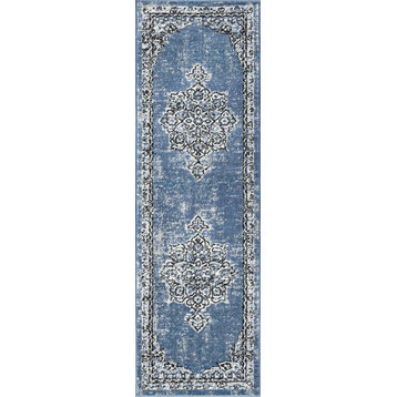 Viviana Traditional Oriental Area Rug, Blue/White, 2'3''x7'3''