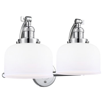 2-Light Large Bell 18" Bath Fixture, Polished Chrome, Glass: Matte White Cased