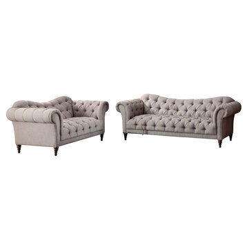 2-Piece Stella French Button Tufted Set Sofa and Love Seat Neutral Beige Fabric