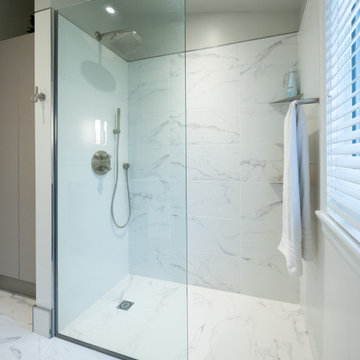 Bright bathroom with curb-less shower