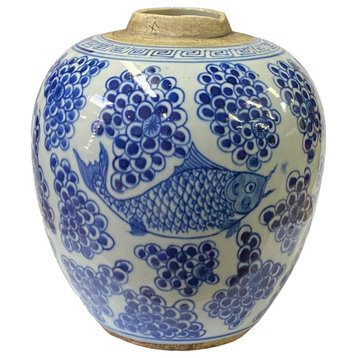 Oriental Handpainted Fishes Small Blue White Porcelain Ginger Jar Hws2325