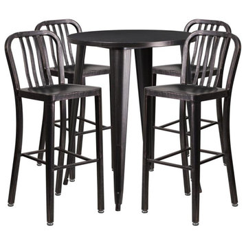 Round Metal Indoor-Outdoor Bar Table Set With 4 Vertical Slat Back Barstools
