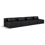 Meridian Furniture - Cube Upholstered Modular Sofa, Black, 4-Piece: 4 Armless Chair, Vegan Leather - Elevate your space with the luxurious Cube Vegan Leather Modular Sofa. This modular sofa exudes modern elegance, charm, and comfort making it a perfect addition to any contemporary living space. Its clean lines and cube shape are reminiscent of minimalist design, while the plush black vegan leather upholstery adds a touch of luxury and sophistication. The chair's versatile construction and geometric aesthetic seamlessly integrate into various design styles, from sleek living rooms to chic home offices, embodying the essence of modern design and creating a sense of order and tranquility in your space.