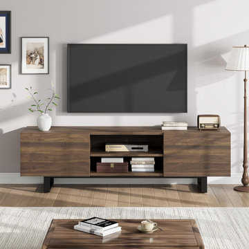 Industrial TV Stand for 80" TV | Modern Living Room Storage | Walnut Media Conso