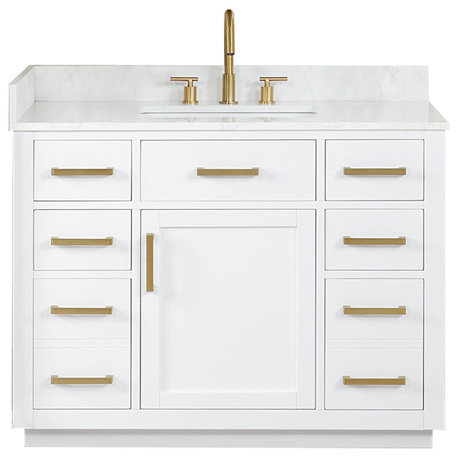 Gavino Vanity With Grain White Composite Stone Top, White/Brushed Gold, 42", No Mirror