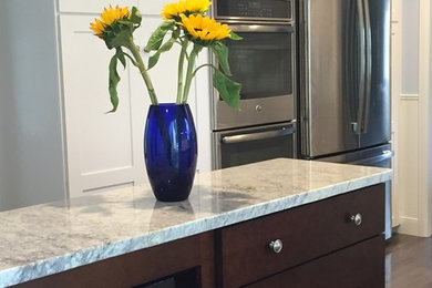 Enclosed kitchen - mid-sized transitional l-shaped medium tone wood floor enclosed kitchen idea in Providence with an undermount sink, shaker cabinets, white cabinets, marble countertops, stainless steel appliances and a peninsula