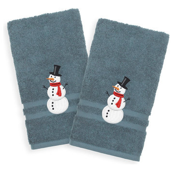 Embroidered Snowman Cotton Denzi Hand Towels, Set of 2, Denzi Blue