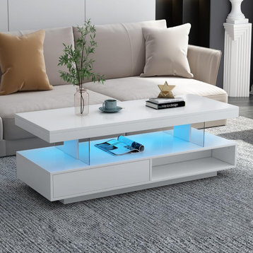 Modern Coffee Table, Drawers & Led Lights With Remote Control, High Gloss White