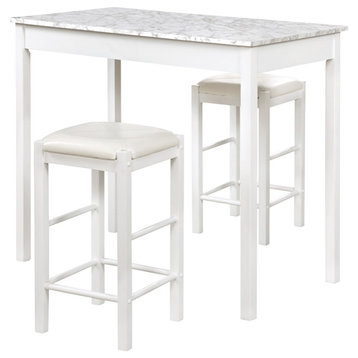 Linon Tifton Three Piece Wood & Faux Marble Tavern Set Backless Stools in White