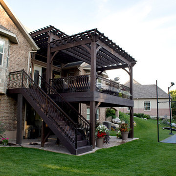 Timber Frame Tiered Pergolas, Deck, Ornamental Metal Railings