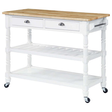 Traditional Kitchen Cart, Rubberwood Frame With Natural Butcher Top, White