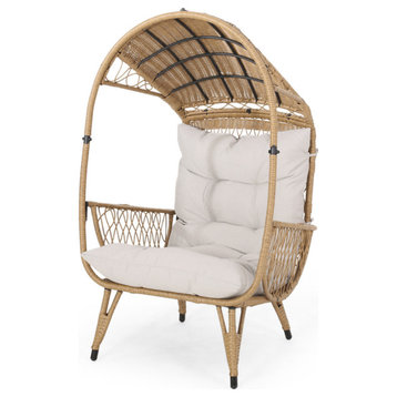 Doris Outdoor Wicker Standing Basket Chair With Cushion, Light Brown/Beige