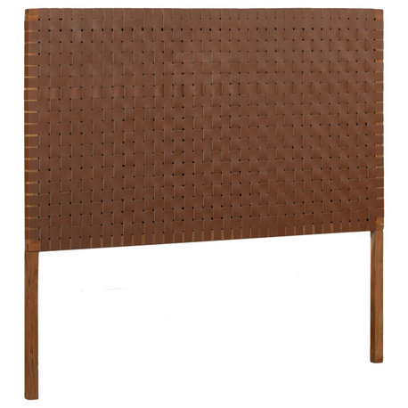 Bohemian Harmony Queen Headboard, Acacia Wood Frame with Woven Leather Panel, Brown