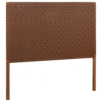 Bohemian Headboard, Natural Acacia Wood Frame With Woven Leather Panel, Brown