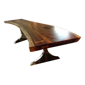 Exotic Solid Wood Slab Table #1094 LIVE EDGE Suar Table w/ Stainless Steel Bases