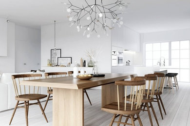 Design ideas for a scandinavian open plan dining in Richmond with white walls, light hardwood floors and white floor.