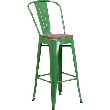 Flash Furniture 30" Green Metal Barstool w/Back - CH-31320-30GB-GN-WD-GG