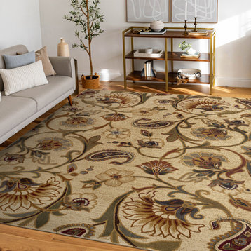 Fairfield Transitional Floral Beige Rectangle Area Rug, 9'x12.6'