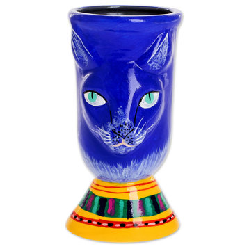 Novica Handmade Top Cat In Blue Ceramic Flower Pot
