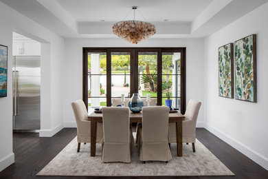 Tuscan dark wood floor dining room photo in Los Angeles with white walls