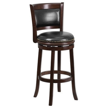 Pemberly Row 30" Wood/Leather Swivel Seat Bar Stool in Black/Cappuccino