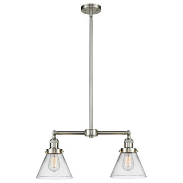 Large Cone 2-Light LED Chandelier, Brushed Satin Nickel, Glass: Clear