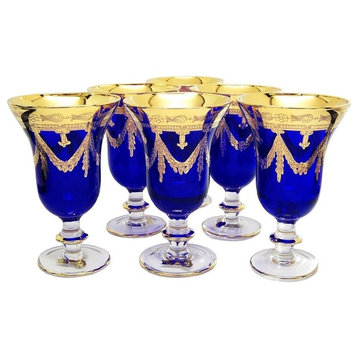 Interglass Italy Set of 6 Crystal Glasses, 24K Gold-Plated (Wine Goblets, Blue)